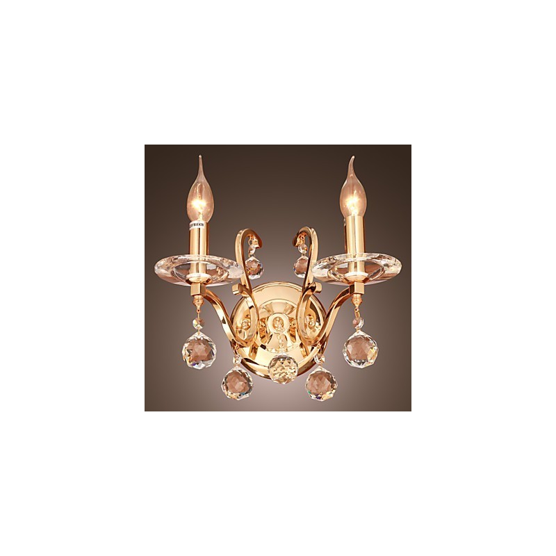 Aplique de pared de cristal dorado con 2 luces