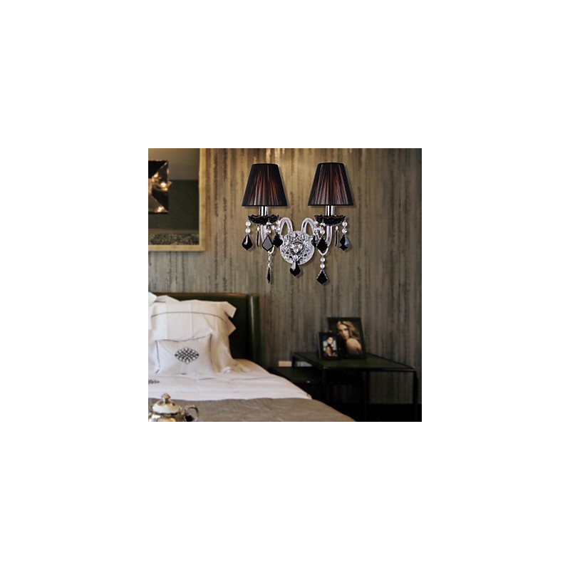 Aplique de pared de cristal con 2 luces y pantalla de tela