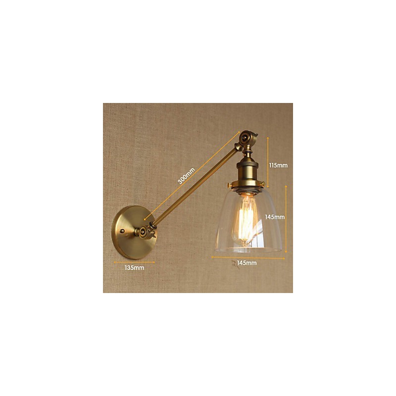 Lámpara de pared estilo retro creativo estilo americano estilo country para salón o dormitorio con brazo de latón, bronce y vidrio de hierro.