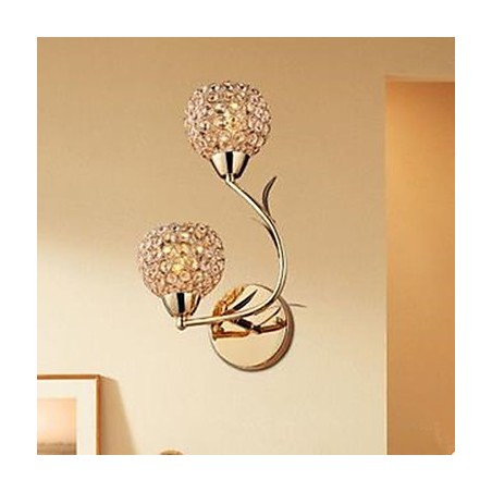 Lámpara de pared de cristal K9 de doble cabezal, contemporánea y concisa, dorada Lámpara de pared de cristal K9 de doble cabezal, contemporánea y concisa, dorada