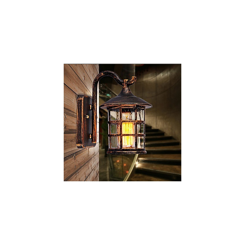 Lámpara de pared exterior de hierro rústico antiguo, resistente al agua, estilo farol vintage, color negro mate oxidado, para pasillo o pasillo.
