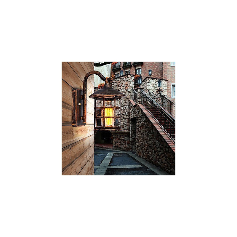 Lámpara de pared exterior de hierro rústico antiguo, resistente al agua, estilo farol vintage, color negro mate oxidado, para pasillo o pasillo.