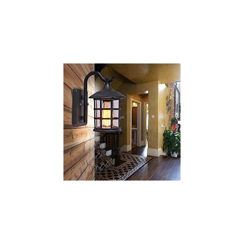 Lámpara de pared exterior de hierro rústico antiguo, resistente al agua, estilo farol vintage, color negro mate oxidado, para pasillo o pasillo.