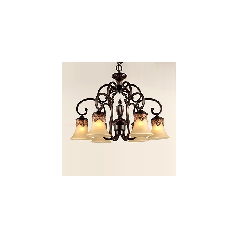 Lámpara colgante de araña de 6 luces con pantalla de metal y cristal estilo vintage.