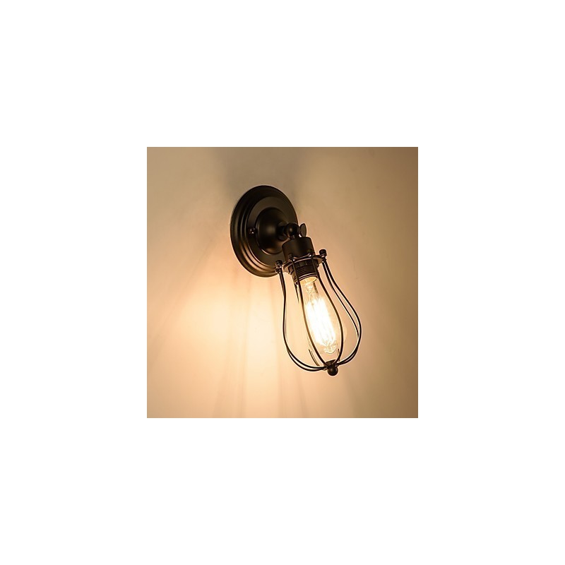 Aplique de pared vintage industrial, lámpara de pared con jaula de alambre de metal negro