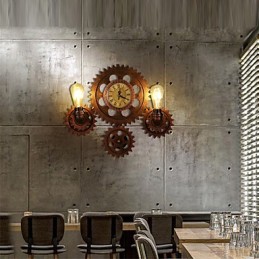 Lámparas de pared industriales vintage con forma de engranaje de madera, luces giratorias creativas, iluminación decorativa para restaurantes, cafeterías y bares.