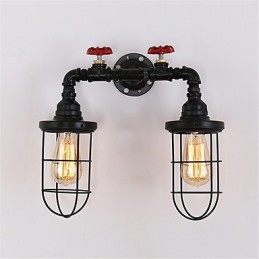 Lámpara de pared de tubo industrial retro de 2 cabezas, estilo loft, estilo jaula de pájaros negra, de metal, para comedor, cocina, bar, cafetería, decoración, iluminación