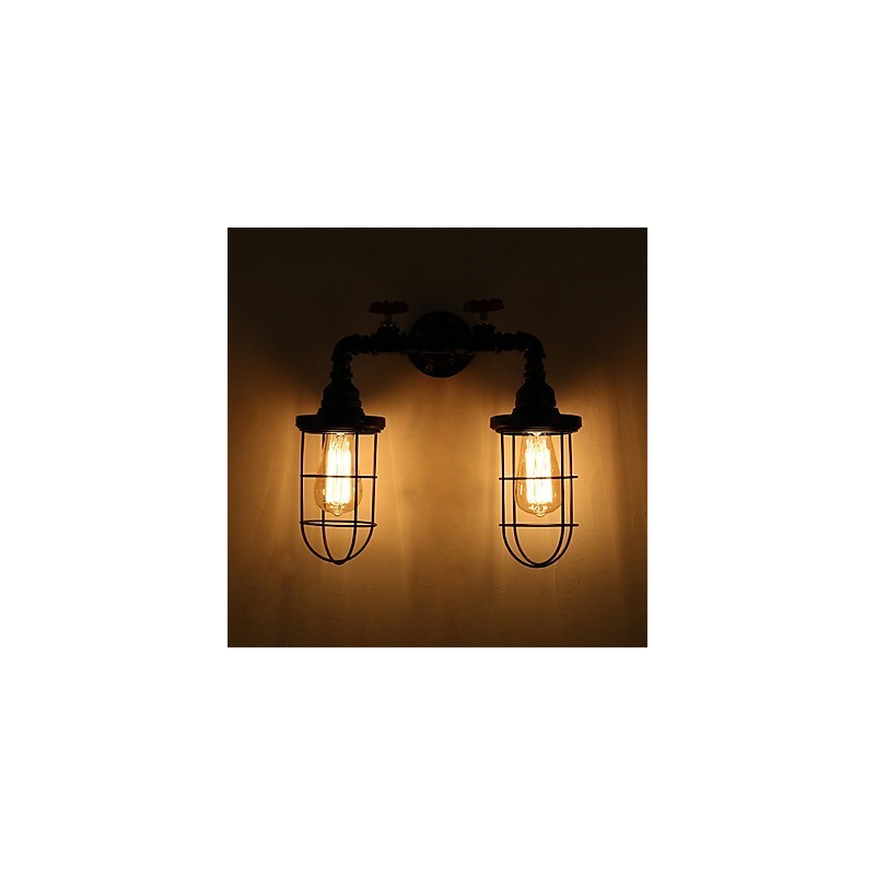 Lámpara de pared de tubo industrial retro de 2 cabezas, estilo loft, estilo jaula de pájaros negra, de metal, para comedor, cocina, bar, cafetería, decoración, iluminación