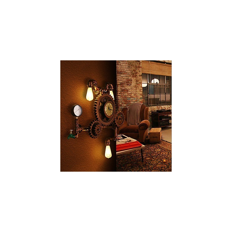 Lámparas de pared de tubo industriales vintage con forma de engranaje de madera, luces giratorias creativas, iluminación decorativa para restaurantes, cafeterías y bares.