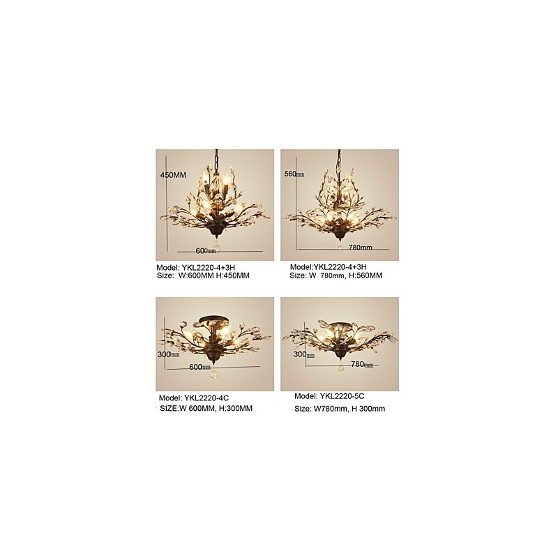 Lámpara de techo vintage de cristal, 8 luces, metal pintado, negro o dorado