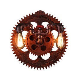 Apliques de pared industriales vintage de 2 cabezales con forma de engranaje de madera para decoración de restaurantes, cafeterías y bares.