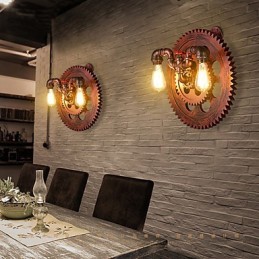 Apliques de pared industriales vintage de 2 cabezales con forma de engranaje de madera para decoración de restaurantes, cafeterías y bares.
