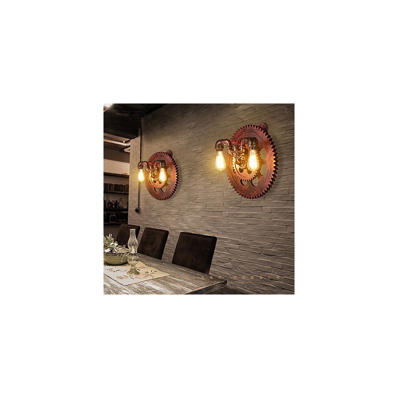 Apliques de pared industriales vintage de 2 cabezales con forma de engranaje de madera para decoración de restaurantes, cafeterías y bares.