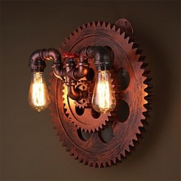 Apliques de pared industriales vintage de 2 cabezales con forma de engranaje de madera para decoración de restaurantes, cafeterías y bares.