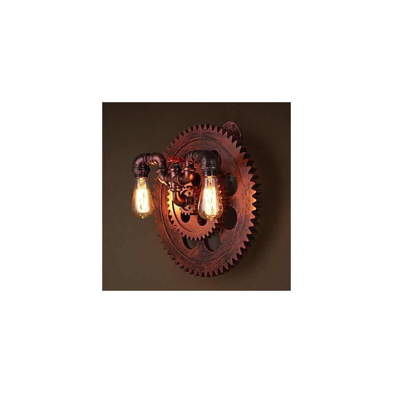 Apliques de pared industriales vintage de 2 cabezales con forma de engranaje de madera para decoración de restaurantes, cafeterías y bares.