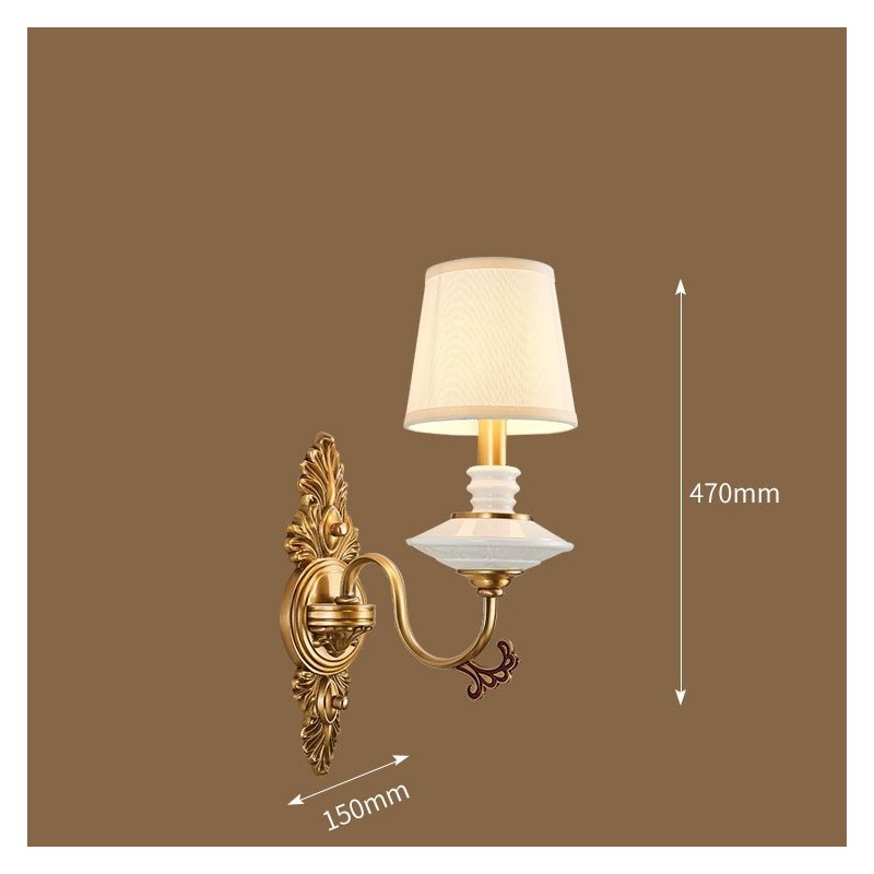 Lámpara de pared de 1 luz con vela, de latón 100 % puro, de lujo, estilo rústico, retro, vintage, de cerámica, con pantalla de tela, ideal para hoteles, oficinas, salas de exposición, salas de estar y comedores.