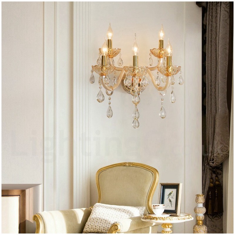 Lámpara de pared de cristal retro con 5 luces doradas K9