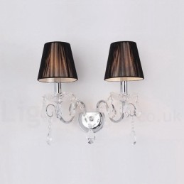Lámpara de pared de cristal K9 retro de 2 luces, color cromo plateado, con pantallas de tela negra.