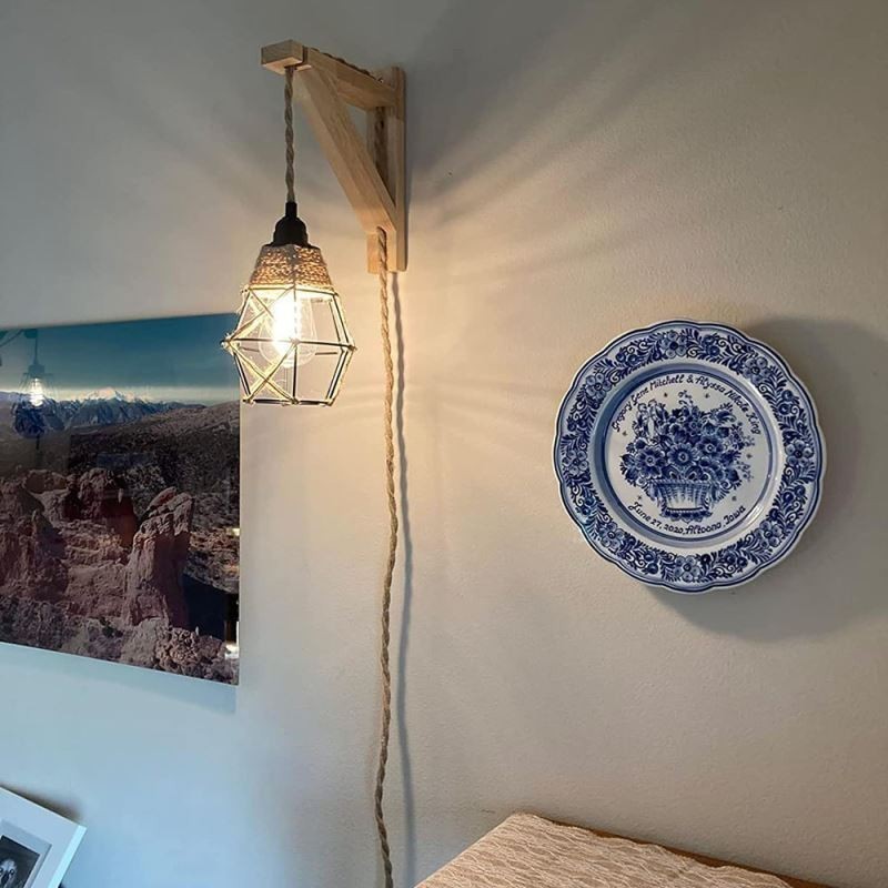 Aplique de pared de cuerda de cáñamo con arte de hierro, estilo pastoral americano retro con enchufe