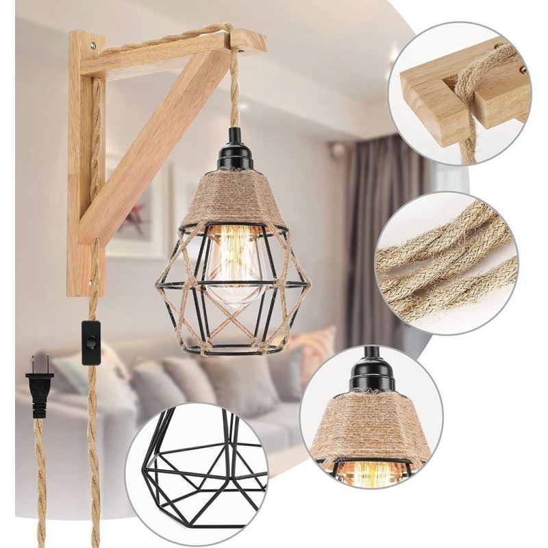 Aplique de pared de cuerda de cáñamo con arte de hierro, estilo pastoral americano retro con enchufe