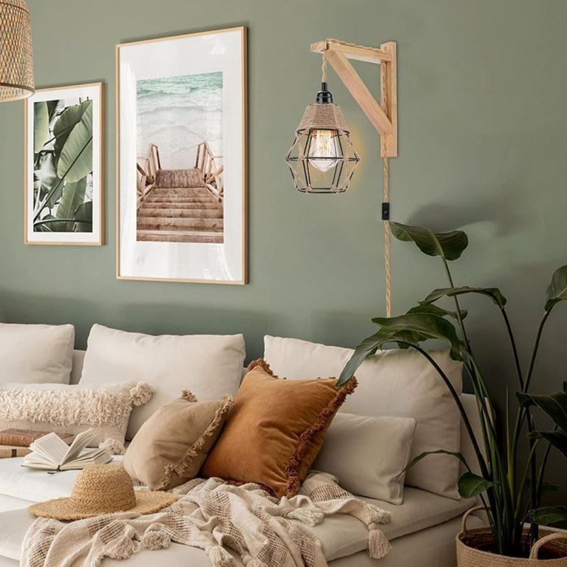 Aplique de pared de cuerda de cáñamo con arte de hierro, estilo pastoral americano retro con enchufe