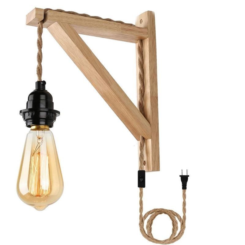 Aplique de pared de madera maciza estilo pastoral americano retro de cuerda de cáñamo con enchufe