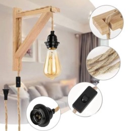 Aplique de pared de madera maciza estilo pastoral americano retro de cuerda de cáñamo con enchufe