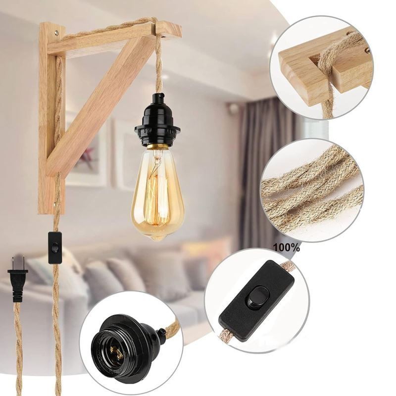 Aplique de pared de madera maciza estilo pastoral americano retro de cuerda de cáñamo con enchufe