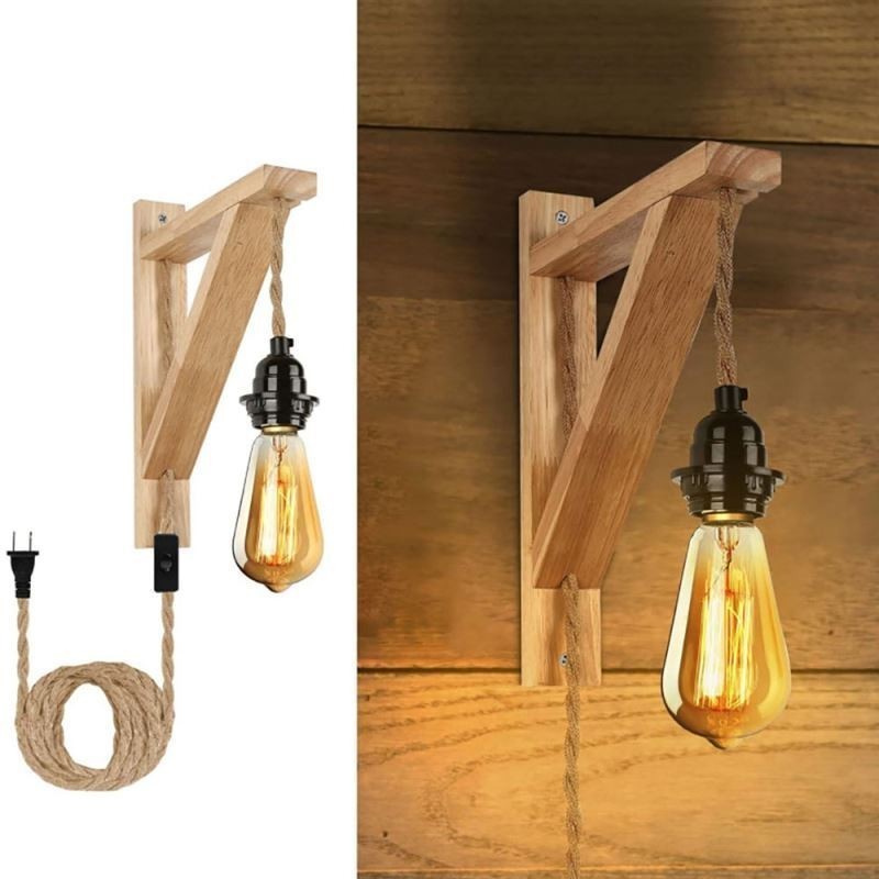 Aplique de pared de madera maciza estilo pastoral americano retro de cuerda de cáñamo con enchufe