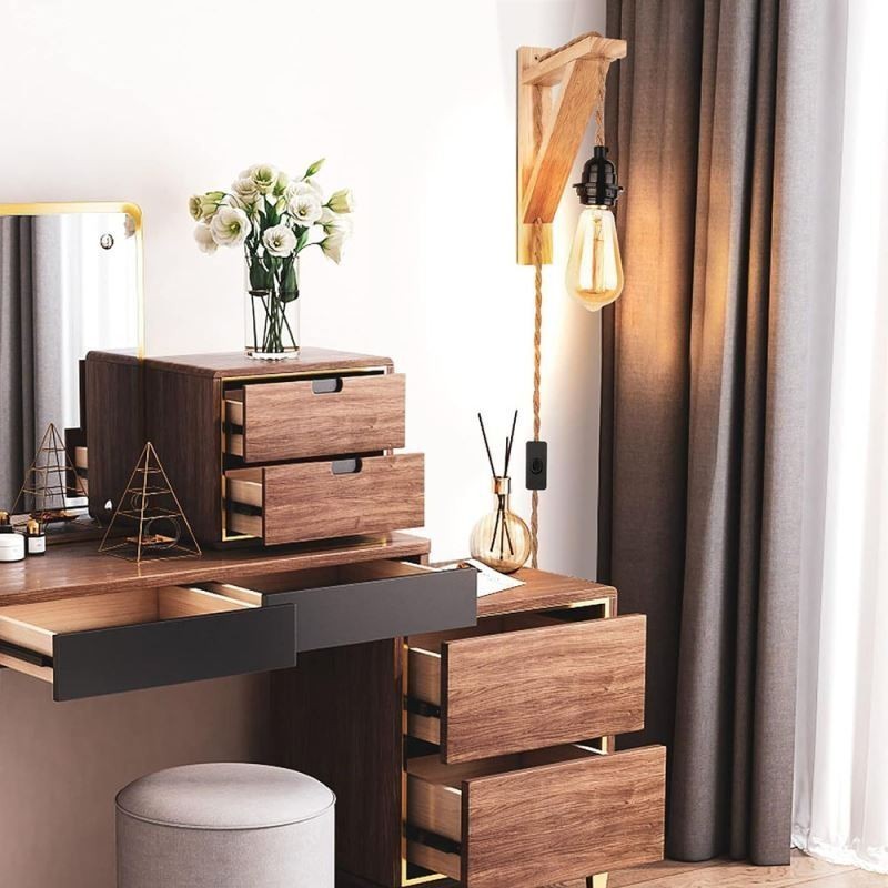 Aplique de pared de madera maciza estilo pastoral americano retro de cuerda de cáñamo con enchufe