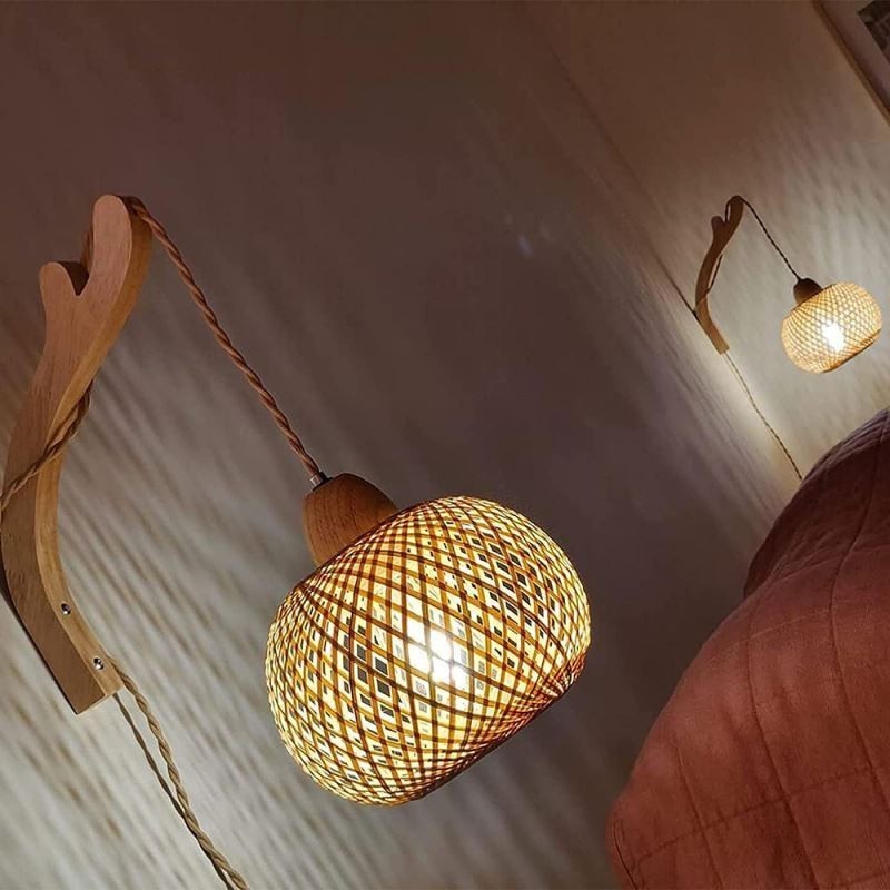 Aplique de pared de bambú estilo pastoral americano retro de cuerda de cáñamo con enchufe