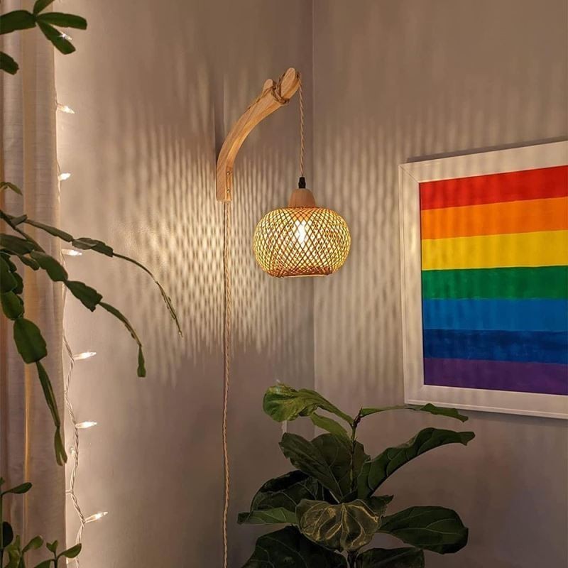 Aplique de pared de bambú estilo pastoral americano retro de cuerda de cáñamo con enchufe