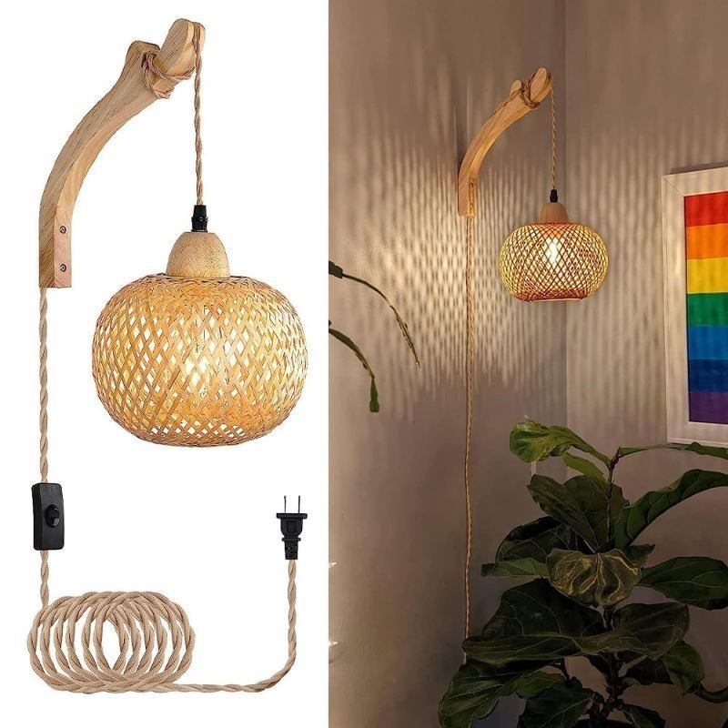 Aplique de pared de bambú estilo pastoral americano retro de cuerda de cáñamo con enchufe
