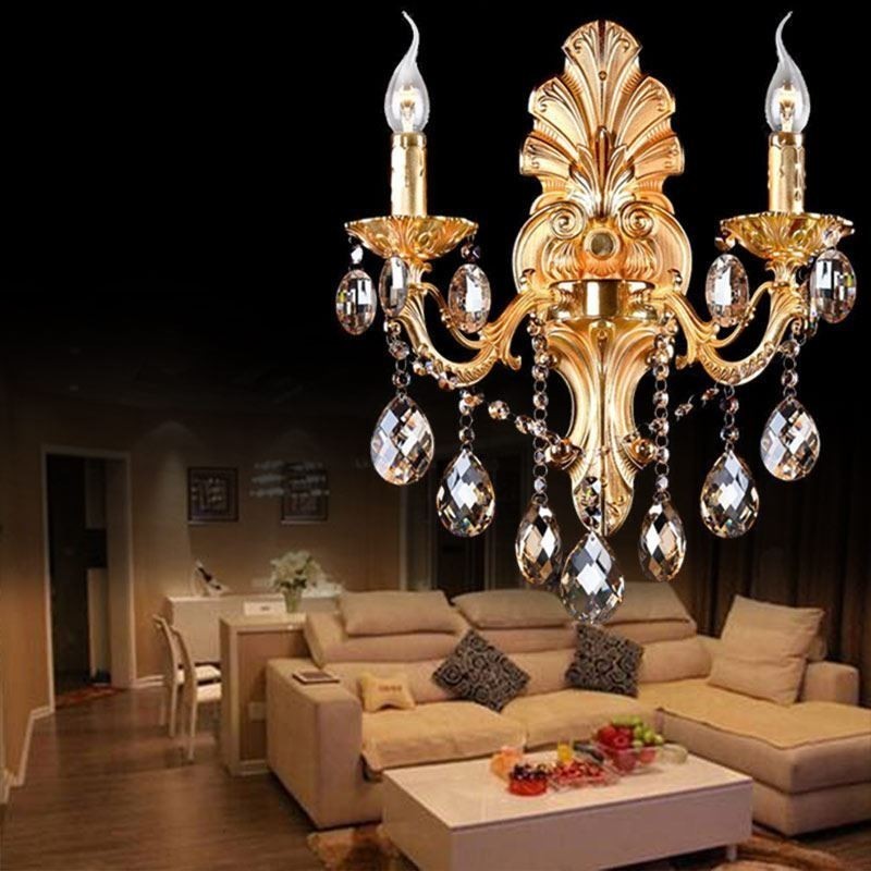 Lámpara de pared europea con pétalos dorados, exquisita lámpara de cristal con gotas, iluminación de noche