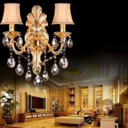 Lámpara de pared europea con pétalos dorados, exquisita lámpara de cristal con gotas, iluminación de noche