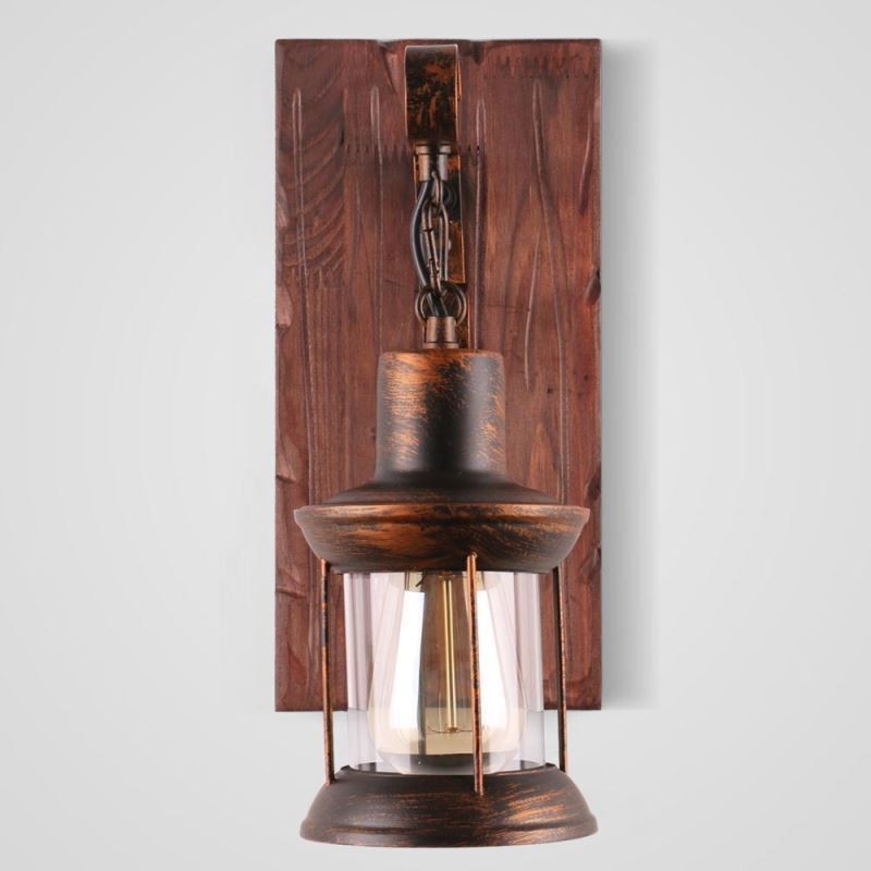 Aplique de pared vintage americano, estilo industrial, estilo loft, de madera maciza y vidrio.