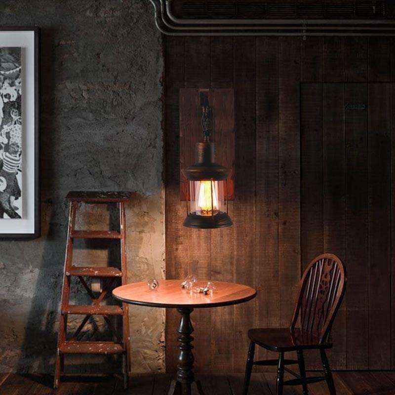 Aplique de pared vintage americano, estilo industrial, estilo loft, de madera maciza y vidrio.