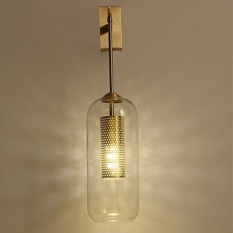 Lámpara de pared de latón nórdico con pantalla de cristal cilíndrica hueca interior