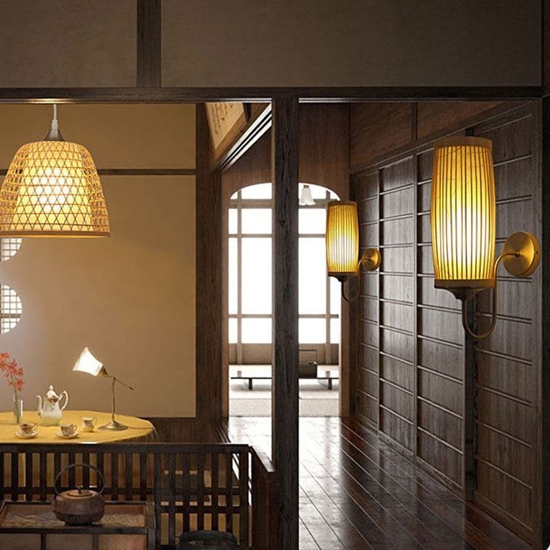 Aplique de pared con diseño de tambor de cintura, aplique creativo de bambú para mesita de noche, escaleras, iluminación rural