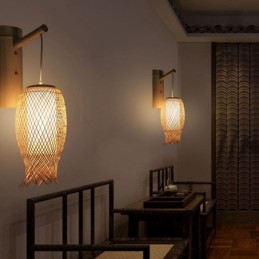 Lámpara de pared de bambú descendente, lámpara de pared redonda rural, mesita de noche, casa de té, luz creativa