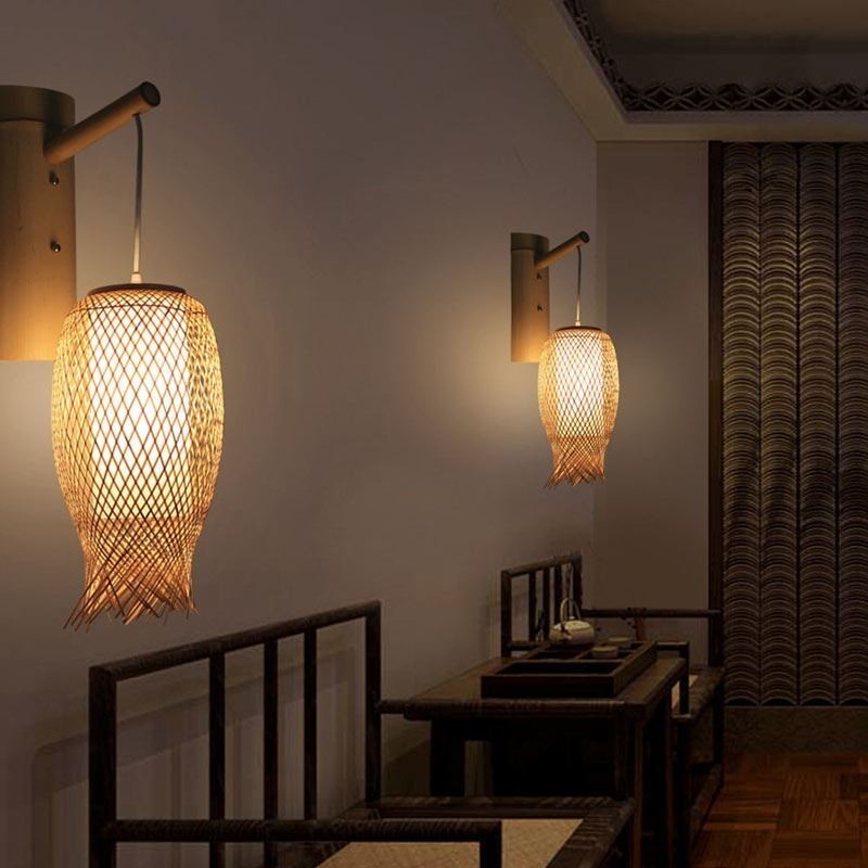 Lámpara de pared de bambú descendente, lámpara de pared redonda rural, mesita de noche, casa de té, luz creativa