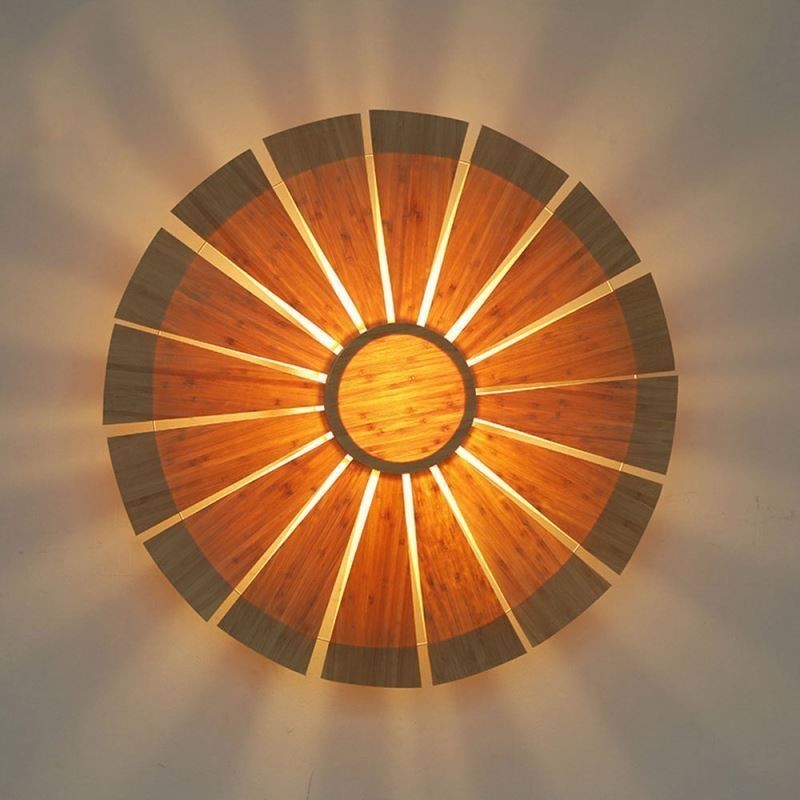 Aplique de pared redondo con flores, luz de pared de bambú única, iluminación decorativa creativa