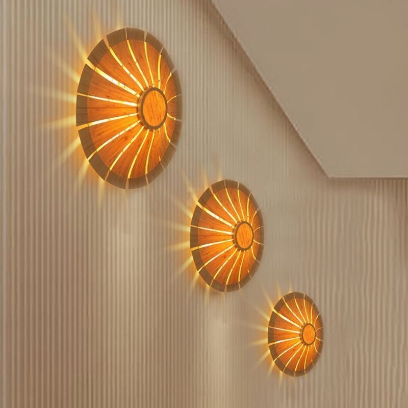 Aplique de pared redondo con flores, luz de pared de bambú única, iluminación decorativa creativa