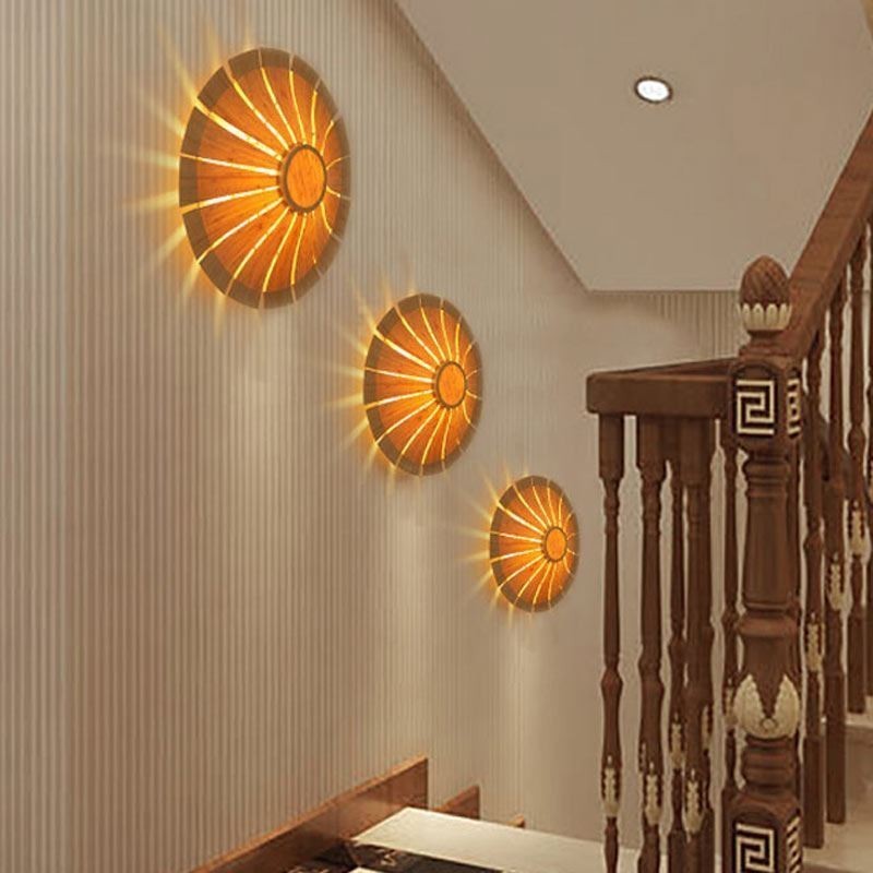 Aplique de pared redondo con flores, luz de pared de bambú única, iluminación decorativa creativa