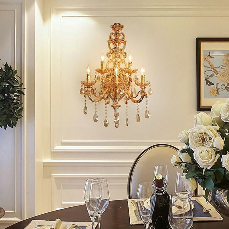 Aplique de pared europeo de cristal de lujo, aleación de zinc, cinco luces para pasillo
