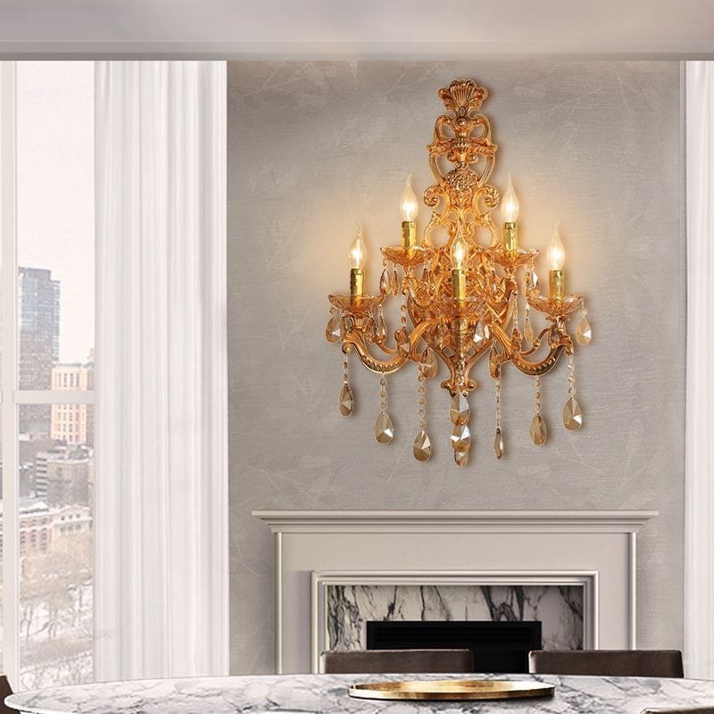 Aplique de pared europeo de cristal de lujo, aleación de zinc, cinco luces para pasillo