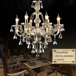 Lámpara de araña moderna de cristal color coñac de 6 luces, estilo contemporáneo.
