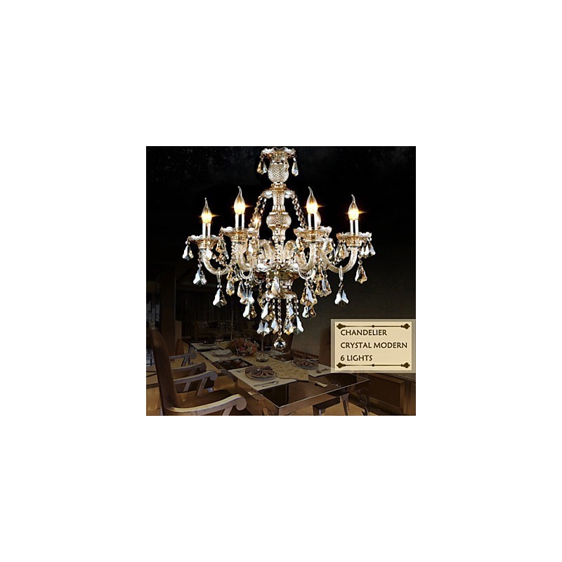 Lámpara de araña moderna de cristal color coñac de 6 luces, estilo contemporáneo.