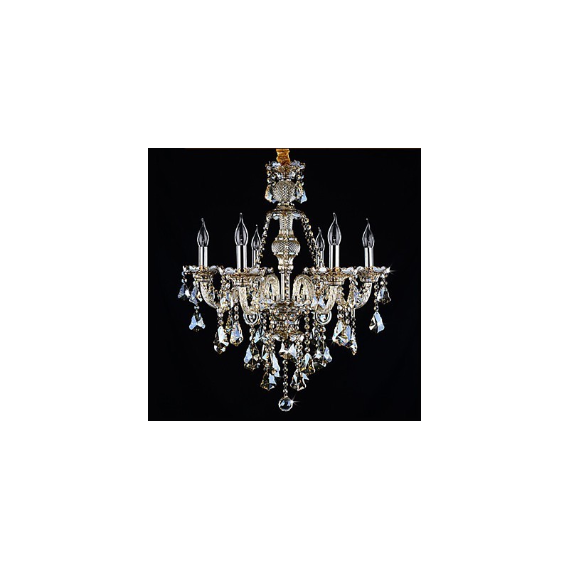 Lámpara de araña moderna de cristal color coñac de 6 luces, estilo contemporáneo.
