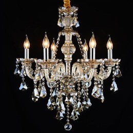 Lámpara de araña moderna de cristal color coñac de 6 luces, estilo contemporáneo.